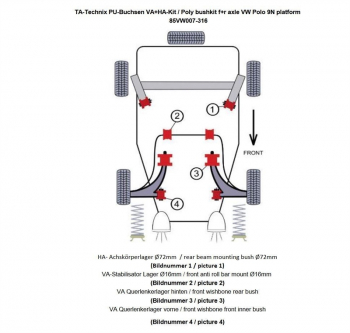TA Technix PU-Buchsen Kit 14-teilig / Vorderachse mit Stabi 16mm +HA Ø =72mm / passend für Seat Ibiza, Cordoba (6L)/ Skoda Fabia, Roomster (6Y/5J)/ VW Fox (5Z)/ Polo (9N)/ Polo Stufenheck (9A)
